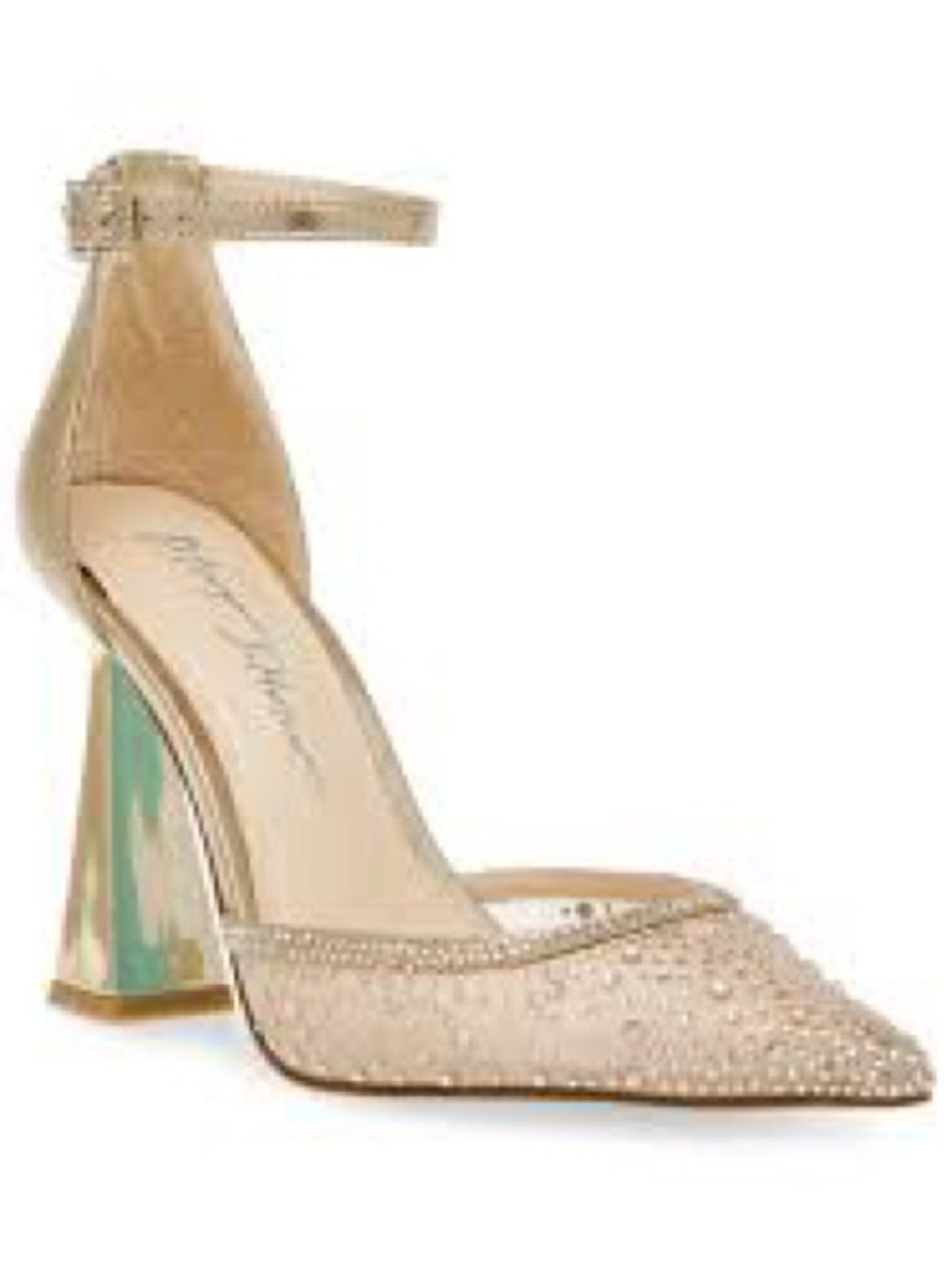 Betsy Johnson Women’s Beige Ankle-Strap Pointed Toe Pump with Embellished Upper